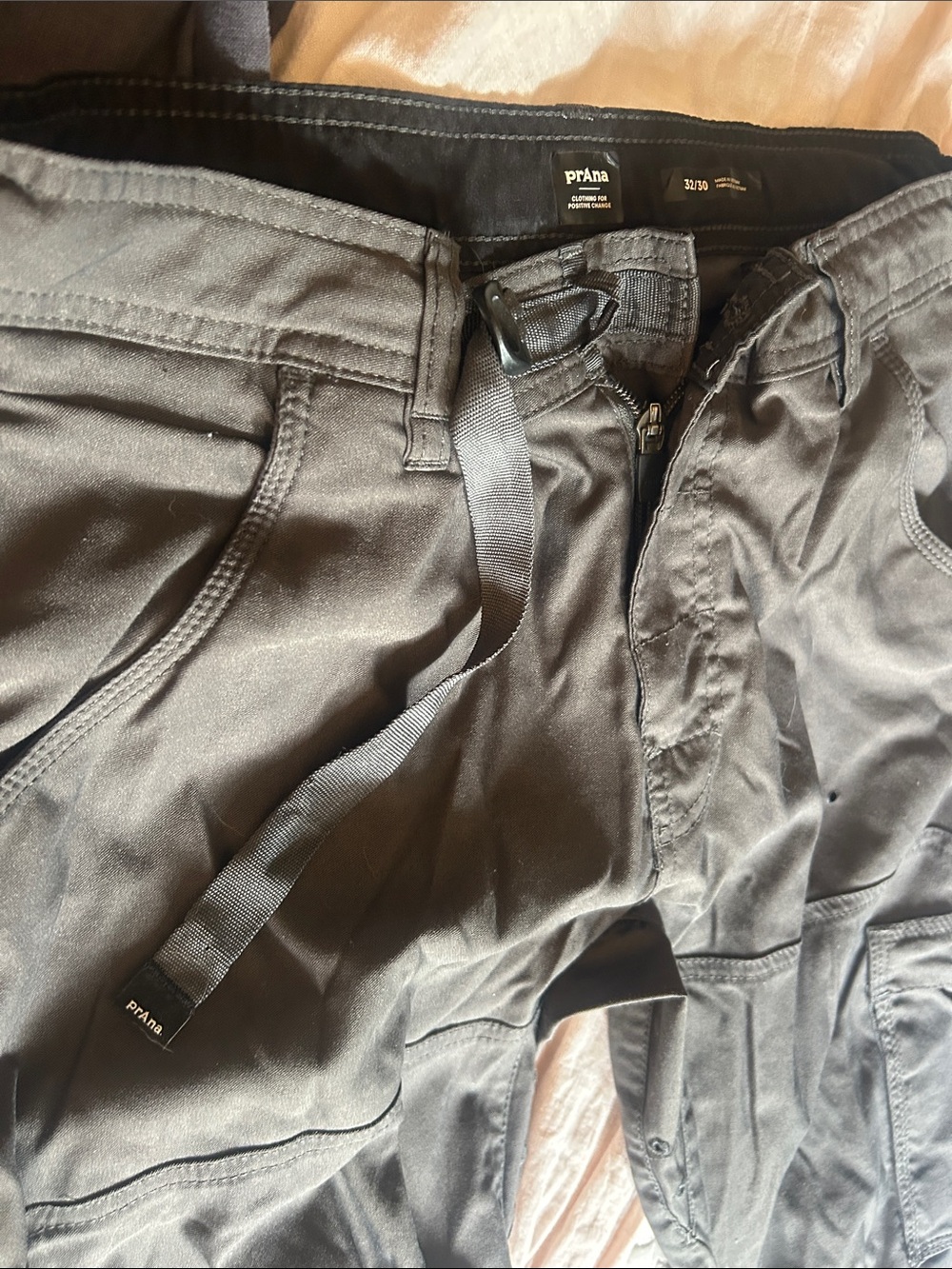 Prana Men's Black Cargo Pants with Integrated Webbing Belt